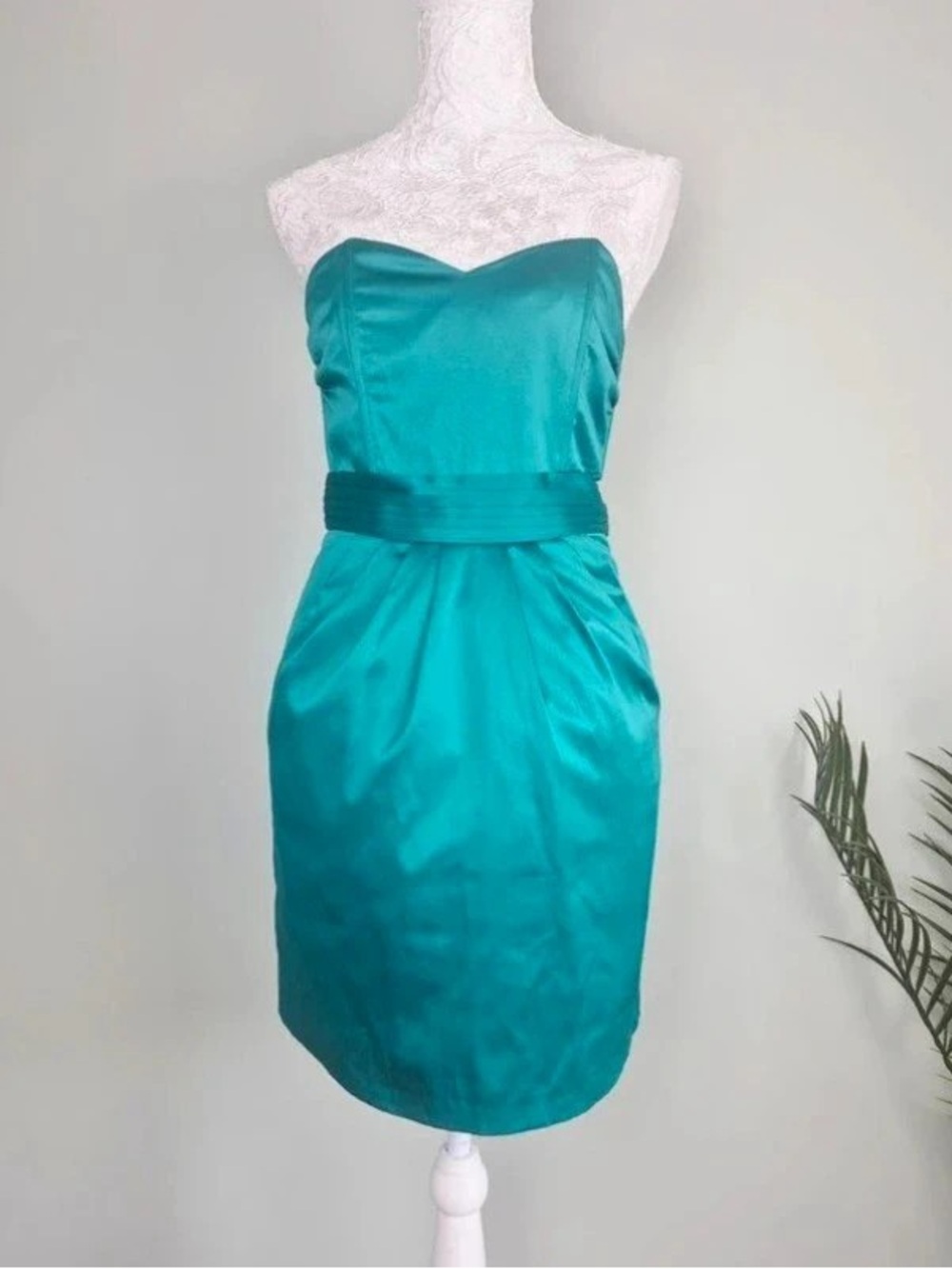 Strapless Teal Satin Maxi Dress with Cinched Waistband